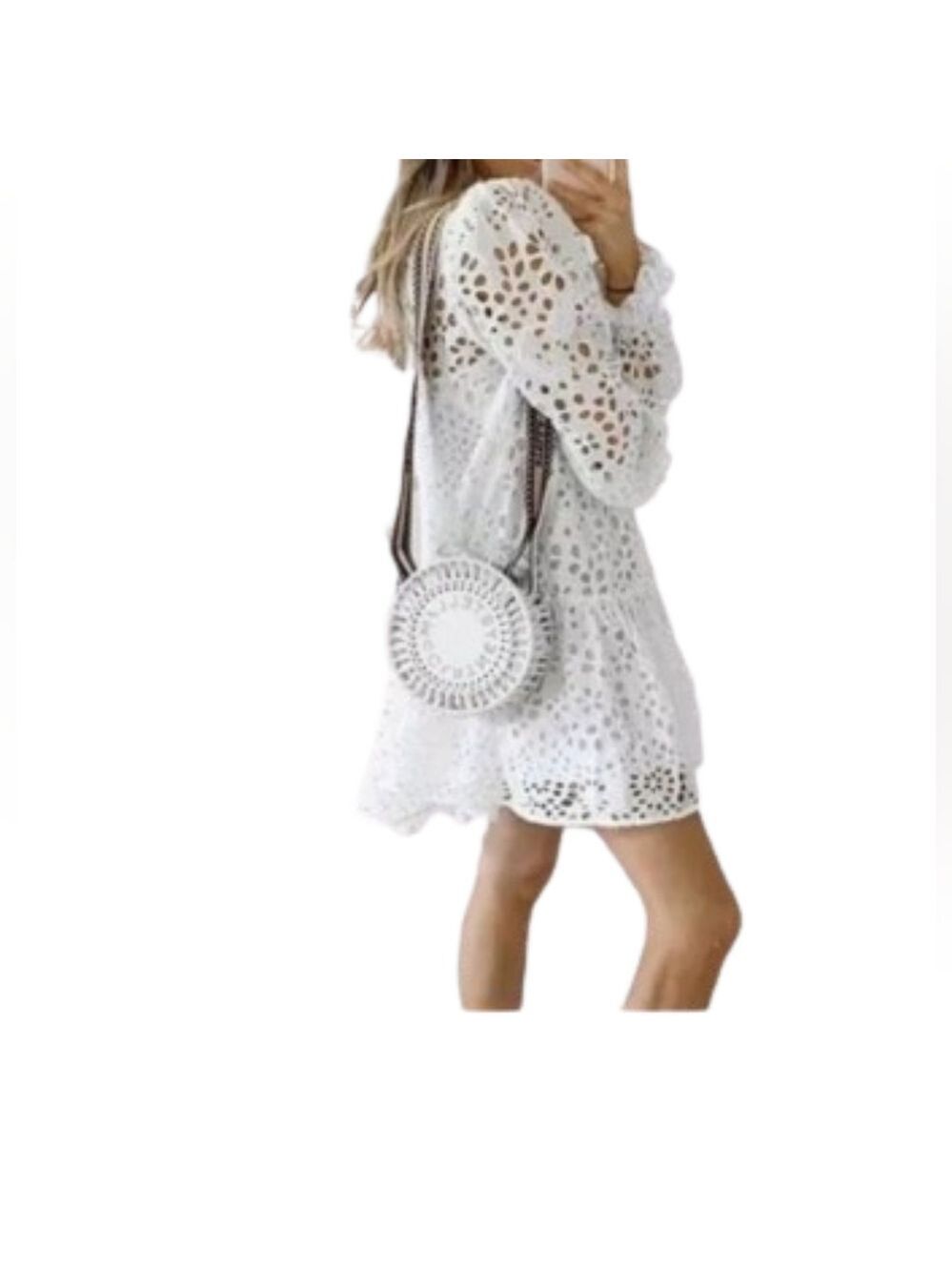H&M eyelet embroidery puff long sleeves midi dress color white size XS - Picture 10 of 10